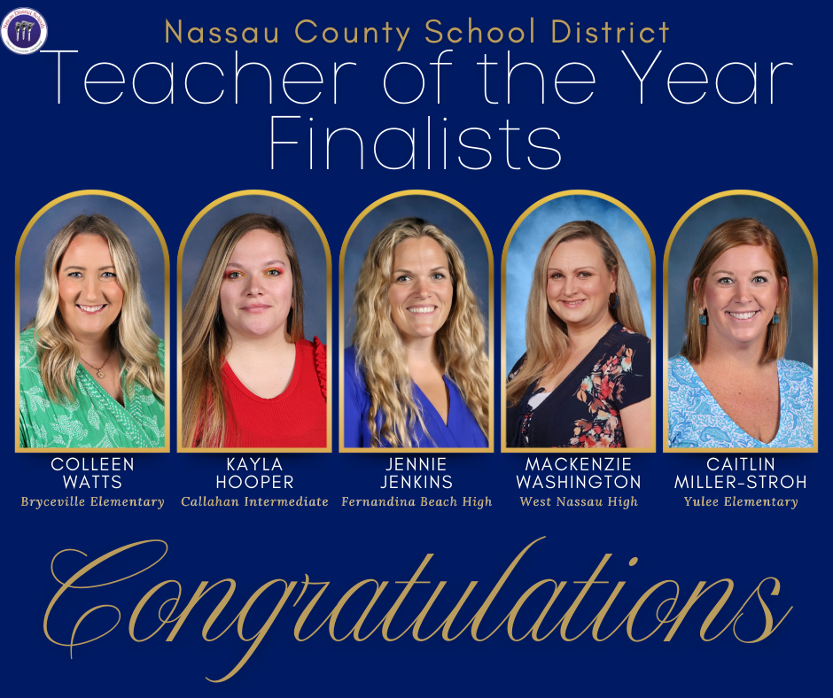 Graphic displaying five Teacher of the Year finalists from Nassau County School District with their photos and names: Colleen
